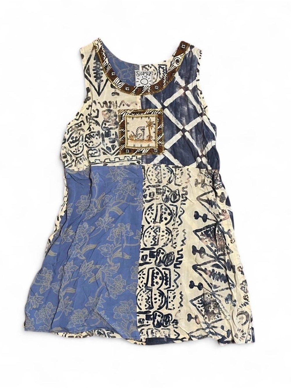 Surya Vintage Blue and Cream Patchwork Sleeveless Dress